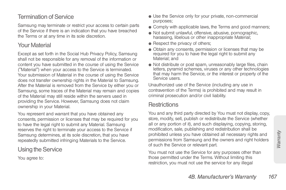 Termination of service, Your material, Using the service | Restrictions | Samsung SPH-D710AAABST User Manual | Page 181 / 204