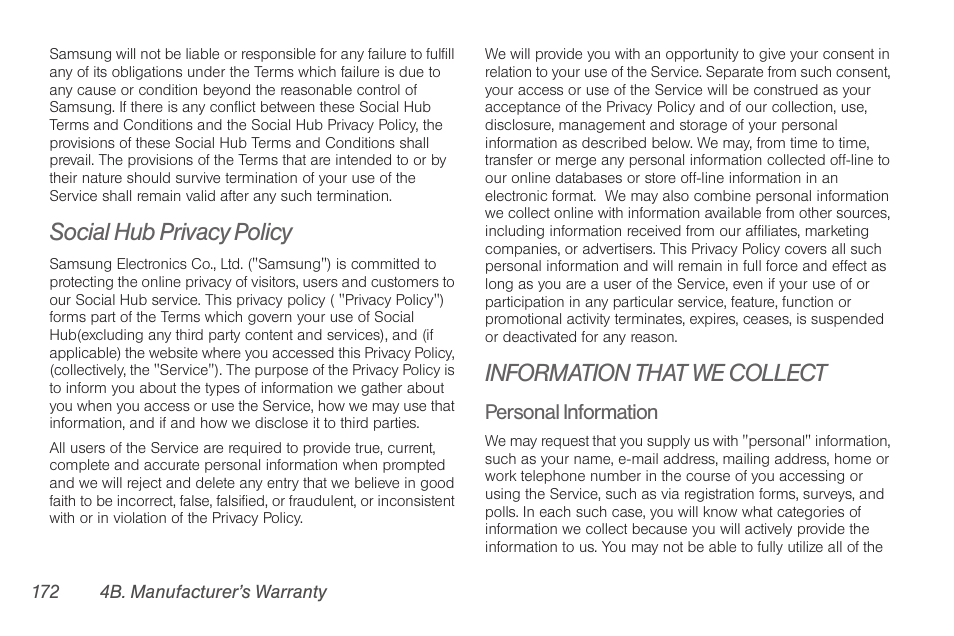 Social hub privacy policy, Information that we collect | Samsung SPH-D710AAABST User Manual | Page 186 / 204