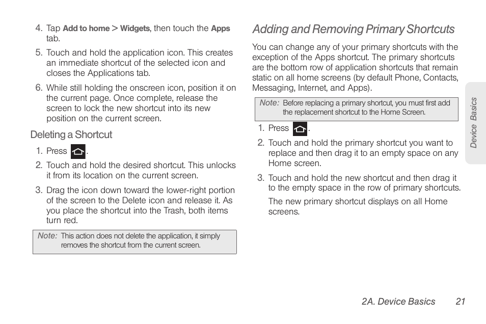 Adding and removing primary shortcuts | Samsung SPH-D710AAABST User Manual | Page 35 / 204