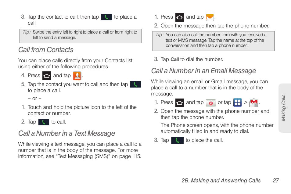 Call from contacts, Call a number in a text message, Call a number in an email message | Samsung SPH-D710AAABST User Manual | Page 41 / 204