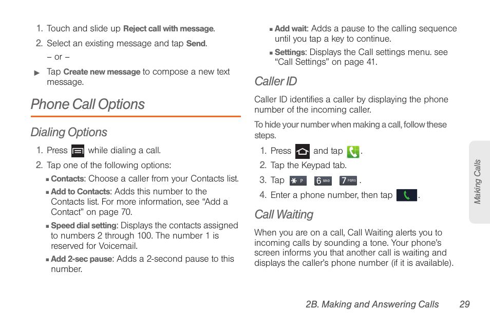 Phone call options, Dialing options, Caller id | Call waiting | Samsung SPH-D710AAABST User Manual | Page 43 / 204