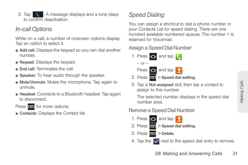 In-call options, Speed dialing | Samsung SPH-D710AAABST User Manual | Page 45 / 204
