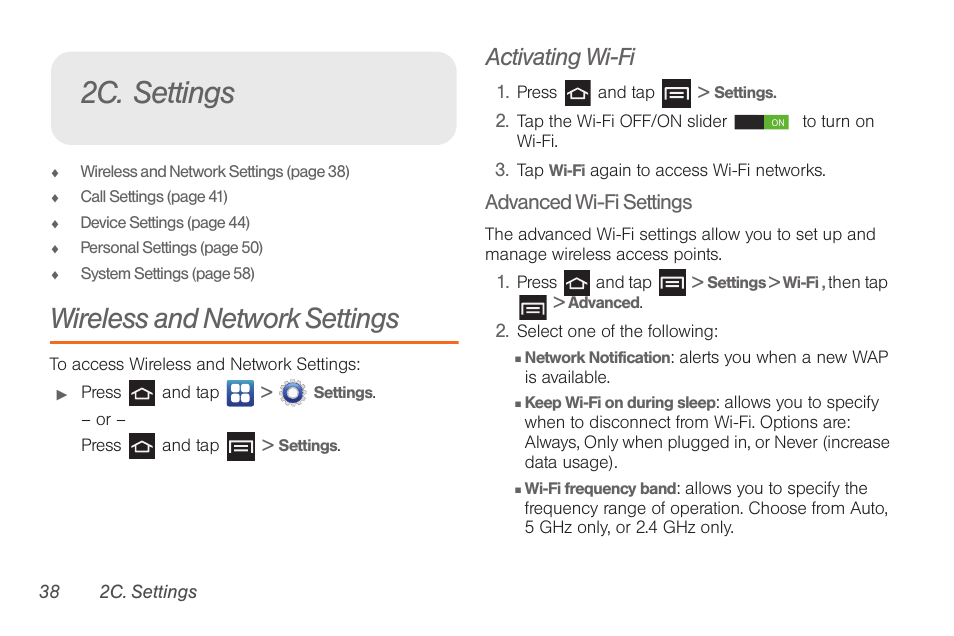 2c. settings, Wireless and network settings, Activating wi-fi | Advanced wi-fi settings | Samsung SPH-D710AAABST User Manual | Page 52 / 204