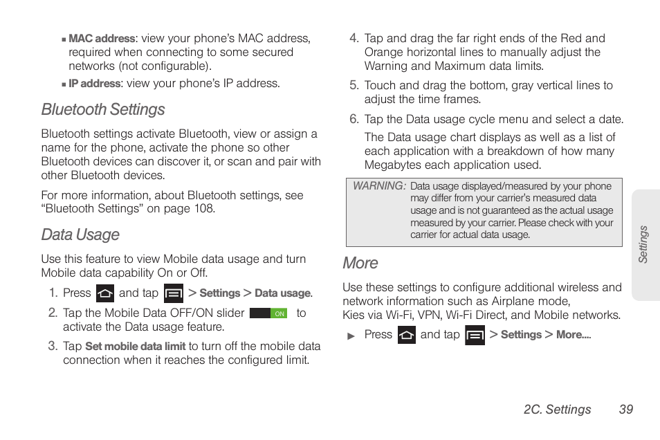 Bluetooth settings, Data usage, More | Samsung SPH-D710AAABST User Manual | Page 53 / 204