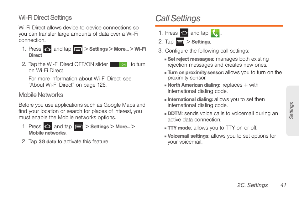 Call settings, Wi-fi direct settings, Mobile networks | Samsung SPH-D710AAABST User Manual | Page 55 / 204