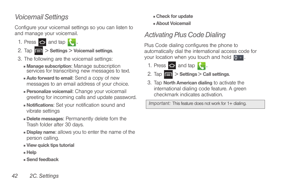 Voicemail settings, Activating plus code dialing | Samsung SPH-D710AAABST User Manual | Page 56 / 204