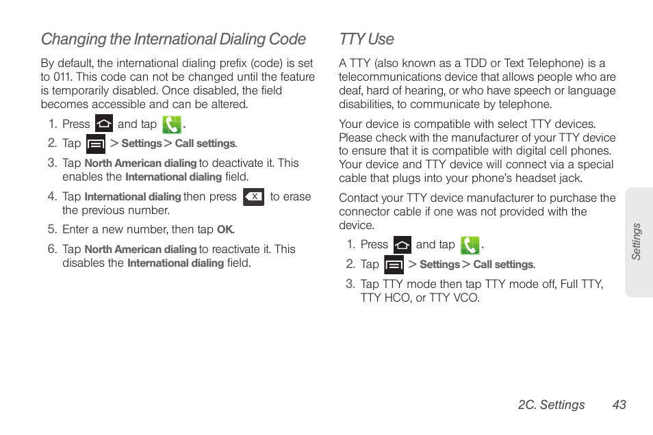 Changing the international dialing code, Tty use | Samsung SPH-D710AAABST User Manual | Page 57 / 204