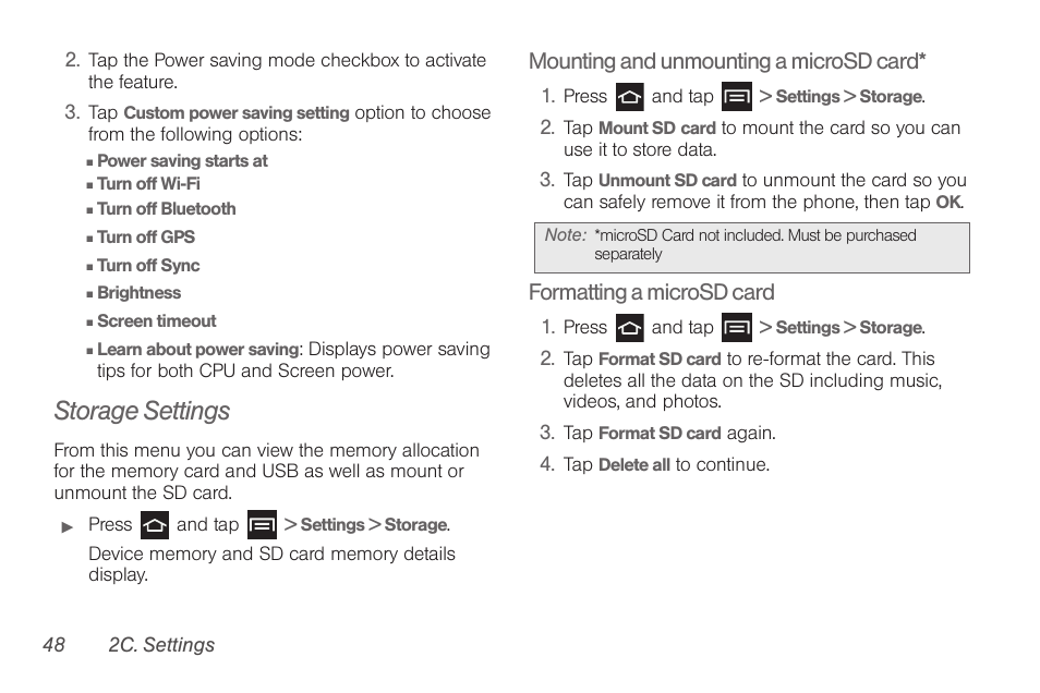 Storage settings, Mounting and unmounting a microsd card, Formatting a microsd card | Samsung SPH-D710AAABST User Manual | Page 62 / 204
