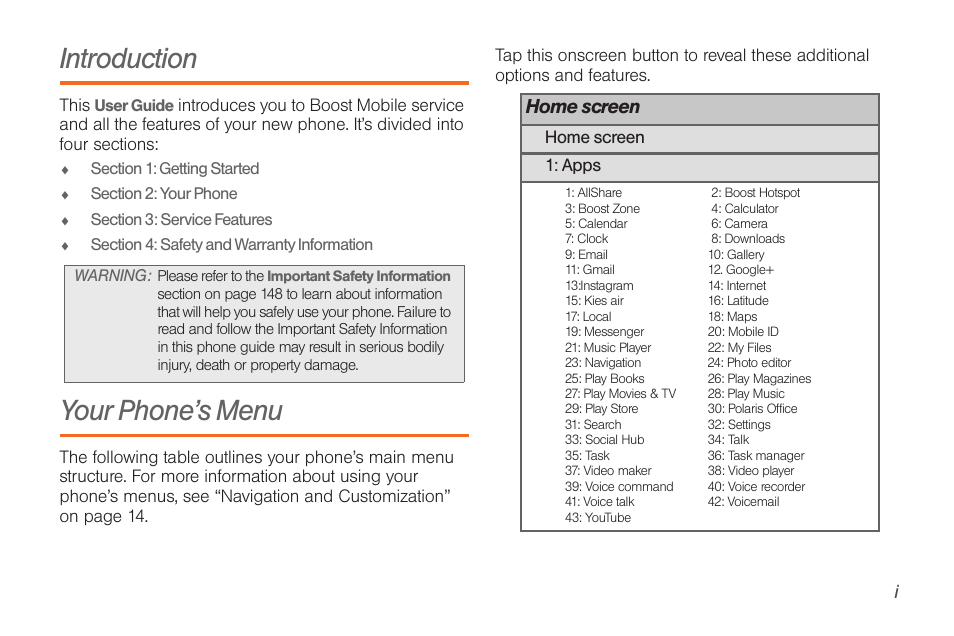 Introduction, Your phone’s menu, Home screen | Samsung SPH-D710AAABST User Manual | Page 7 / 204