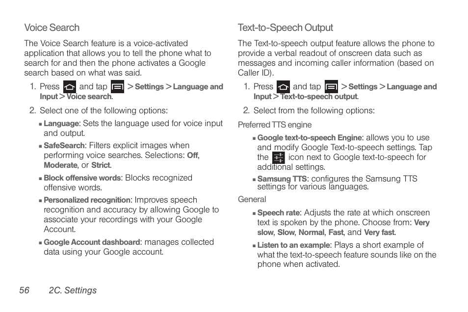 Voice search, Text-to-speech output | Samsung SPH-D710AAABST User Manual | Page 70 / 204