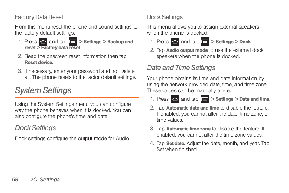 System settings, Dock settings, Date and time settings | Samsung SPH-D710AAABST User Manual | Page 72 / 204