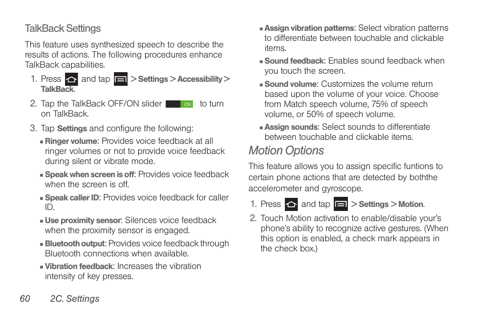 Motion options, Talkback settings | Samsung SPH-D710AAABST User Manual | Page 74 / 204
