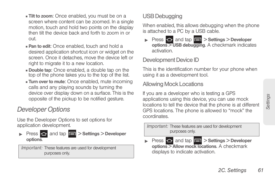 Developer options, Usb debugging, Development device id | Allowing mock locations | Samsung SPH-D710AAABST User Manual | Page 75 / 204