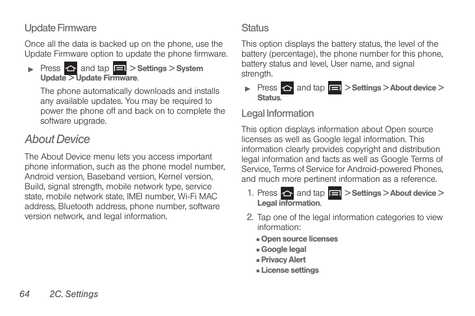 About device, Update firmware, Status | Legal information | Samsung SPH-D710AAABST User Manual | Page 78 / 204