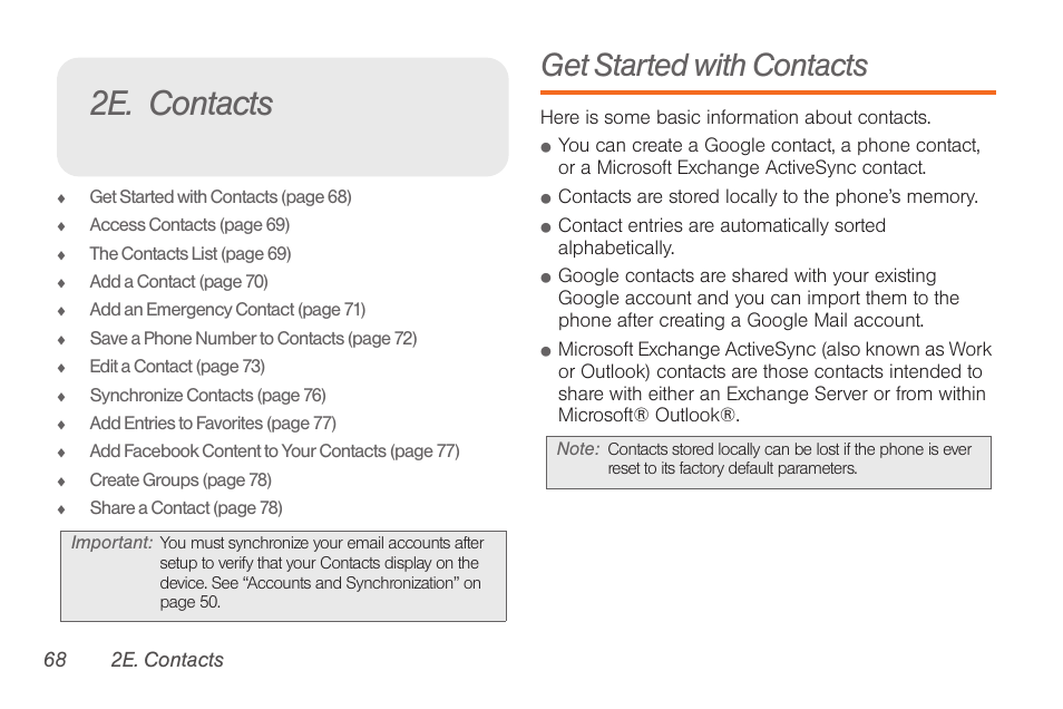 2e. contacts, Get started with contacts | Samsung SPH-D710AAABST User Manual | Page 82 / 204