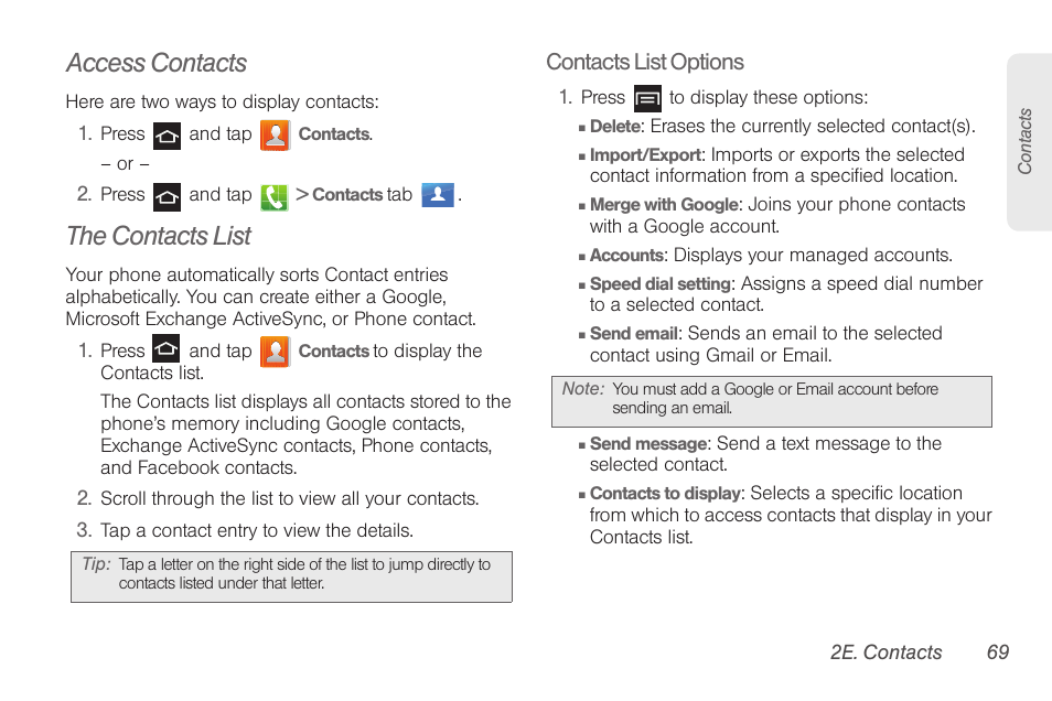 Access contacts, The contacts list, Contacts list options | Samsung SPH-D710AAABST User Manual | Page 83 / 204