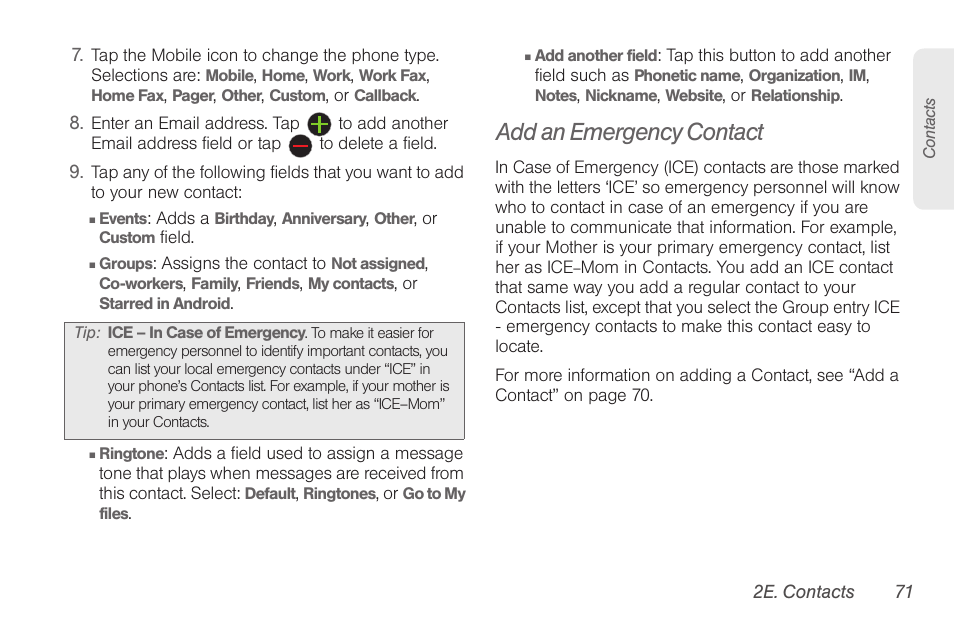 Add an emergency contact | Samsung SPH-D710AAABST User Manual | Page 85 / 204