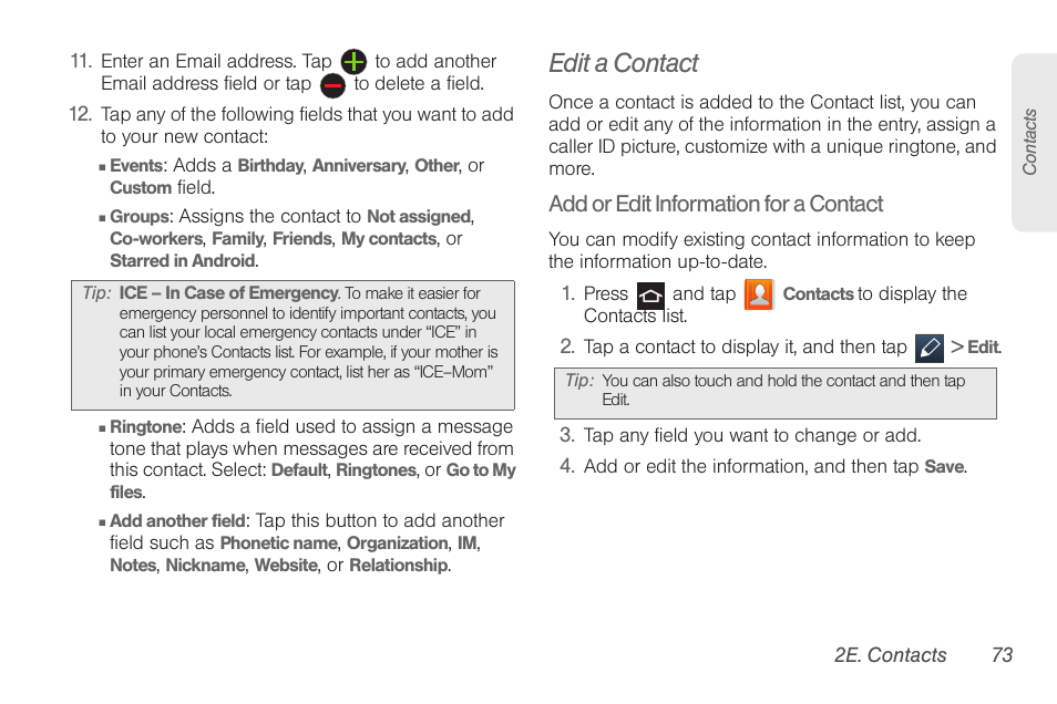 Edit a contact, Add or edit information for a contact | Samsung SPH-D710AAABST User Manual | Page 87 / 204