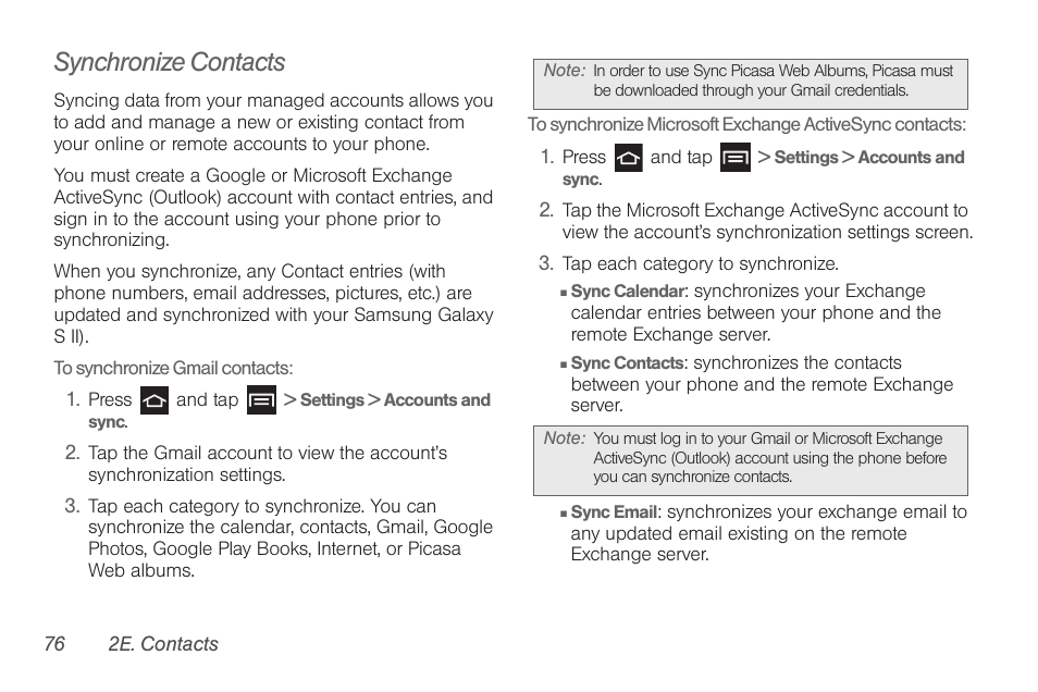 Synchronize contacts | Samsung SPH-D710AAABST User Manual | Page 90 / 204