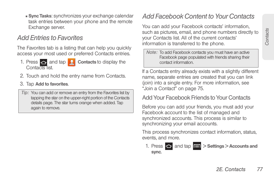 Add entries to favorites, Add facebook content to your contacts | Samsung SPH-D710AAABST User Manual | Page 91 / 204