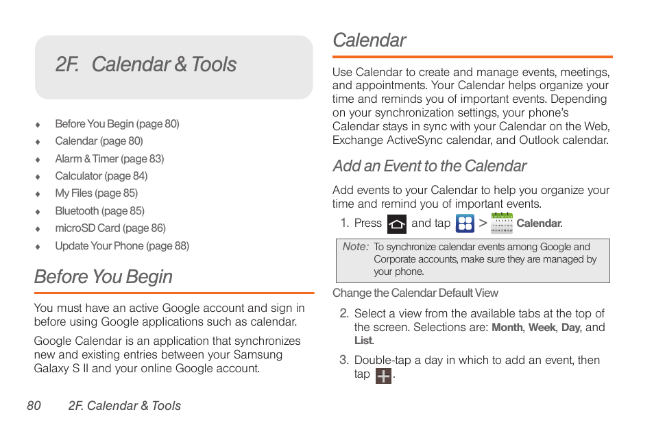 2f. calendar & tools, Before you begin, Calendar | Add an event to the calendar | Samsung SPH-D710AAABST User Manual | Page 94 / 204