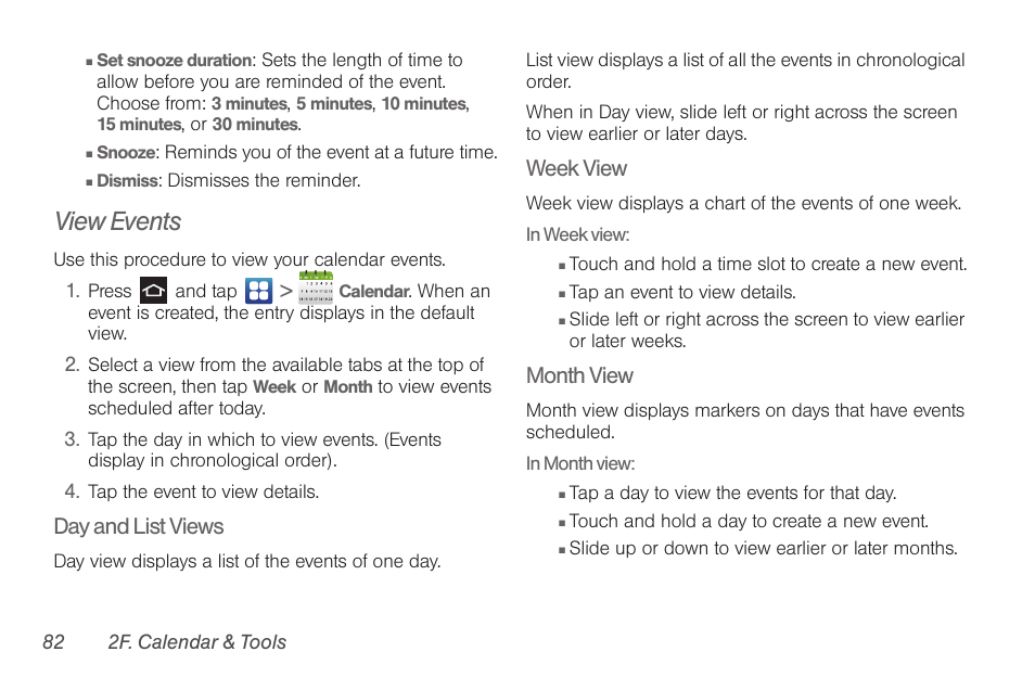 View events, Day and list views, Week view | Month view | Samsung SPH-D710AAABST User Manual | Page 96 / 204