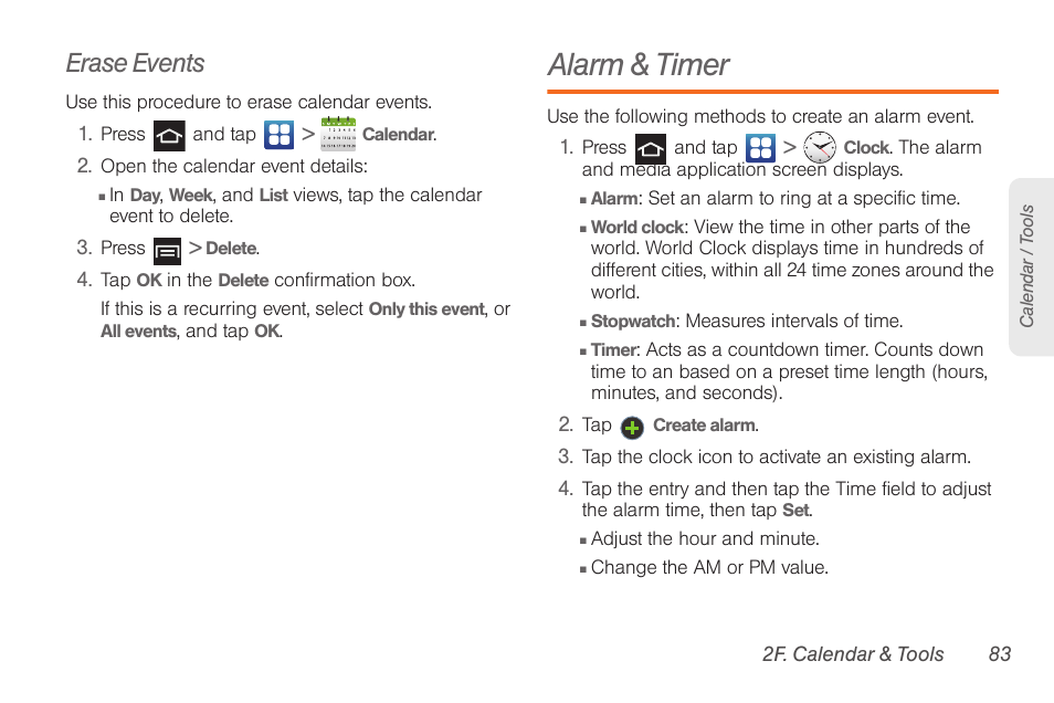 Erase events, Alarm & timer | Samsung SPH-D710AAABST User Manual | Page 97 / 204