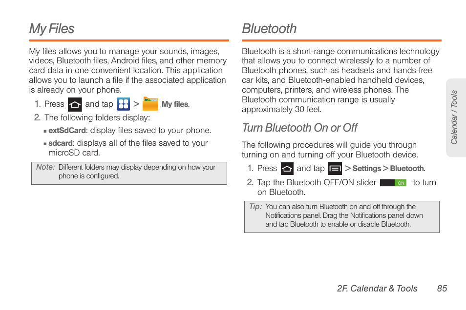 My files, Bluetooth, Turn bluetooth on or off | Samsung SPH-D710AAABST User Manual | Page 99 / 204