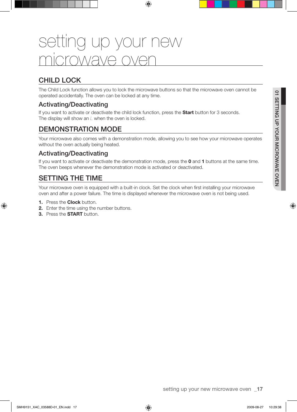 Setting up your new microwave oven, Child lock, Demonstration mode | Setting the time | Samsung SMH9151W-XAC User Manual | Page 17 / 40