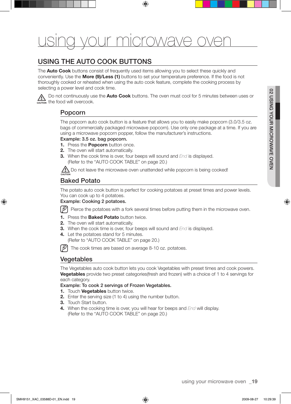 Using your microwave oven, Using the auto cook buttons, Popcorn | Baked potato, Vegetables | Samsung SMH9151W-XAC User Manual | Page 19 / 40