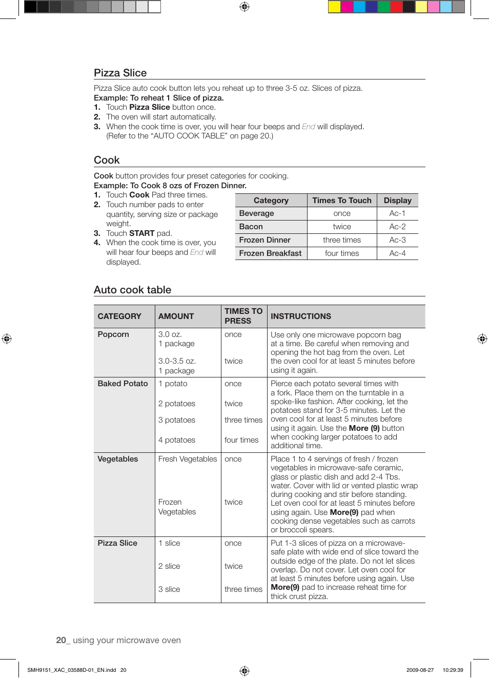 Pizza slice, Cook, Auto cook table | Samsung SMH9151W-XAC User Manual | Page 20 / 40