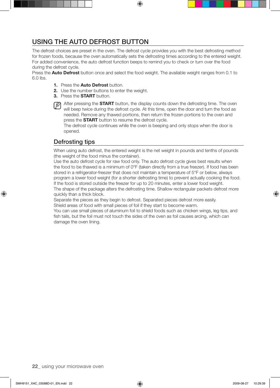Using the auto defrost button, Defrosting tips | Samsung SMH9151W-XAC User Manual | Page 22 / 40