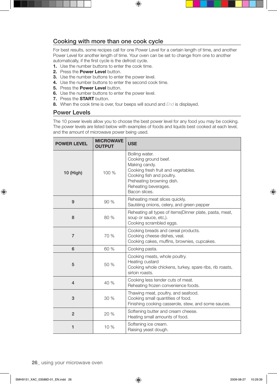 Cooking with more than one cook cycle, Power levels | Samsung SMH9151W-XAC User Manual | Page 26 / 40