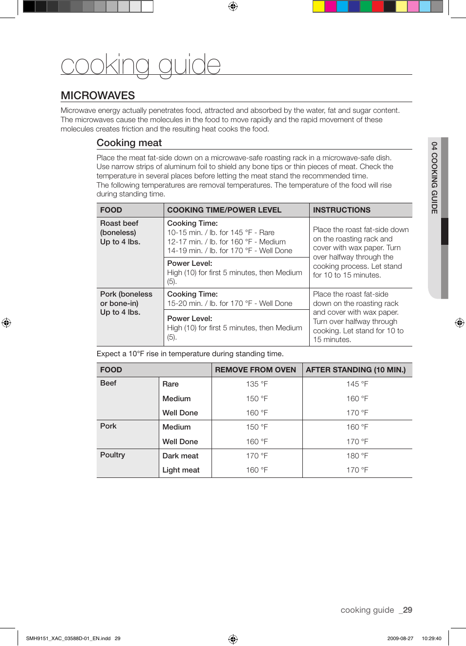 Cooking guide, Microwaves, Cooking meat | Samsung SMH9151W-XAC User Manual | Page 29 / 40