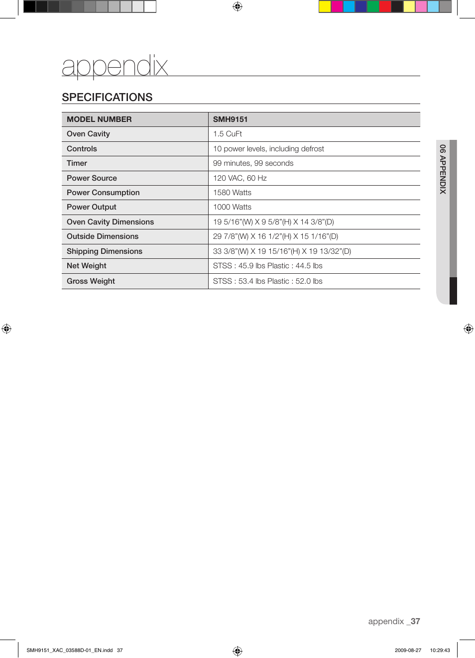 Appendix, Specifications | Samsung SMH9151W-XAC User Manual | Page 37 / 40