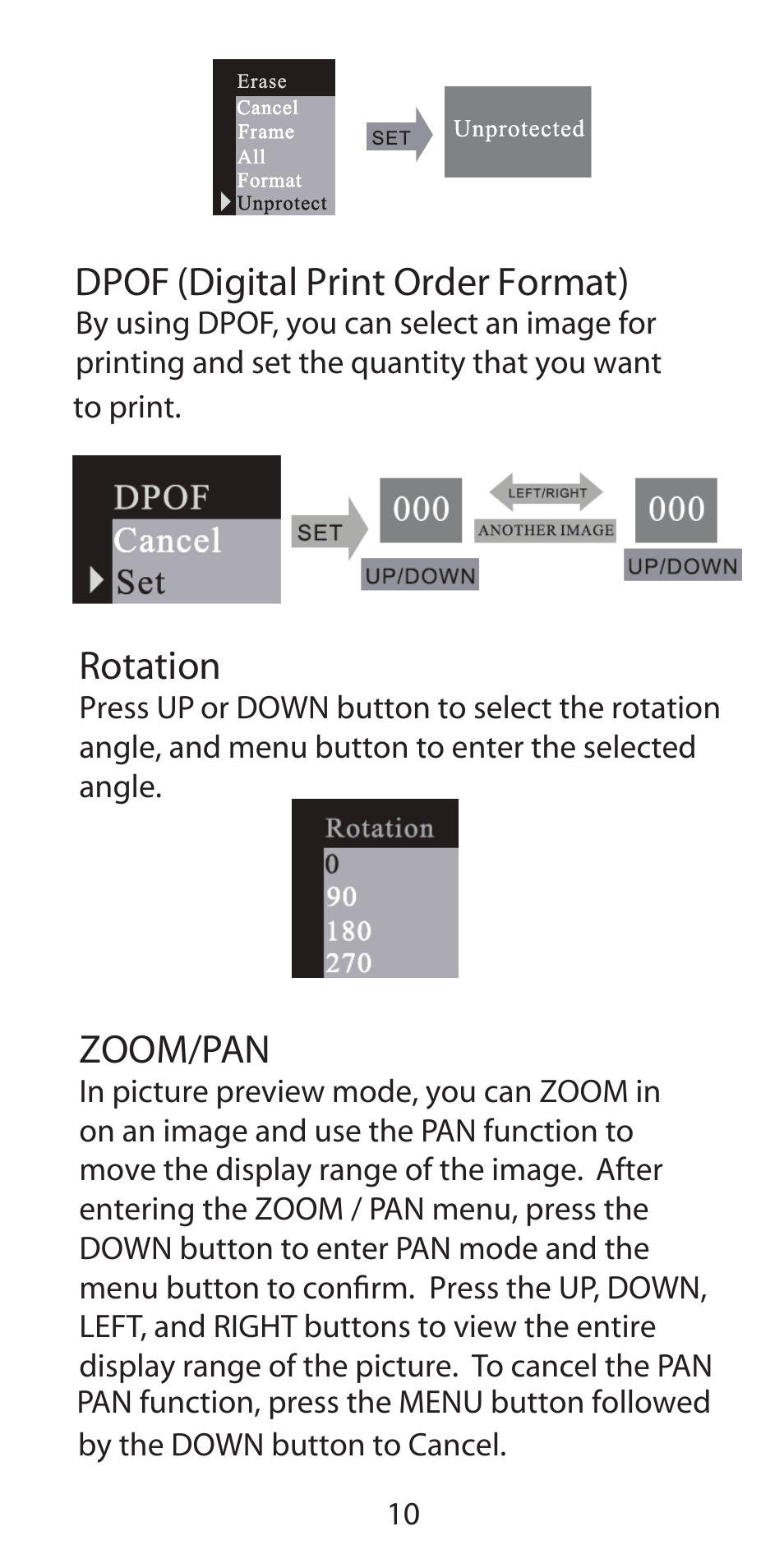 Dpof (digital print order format), Rotation, Zoom/pan | Argus Camera DC-3190 User Manual | Page 10 / 21