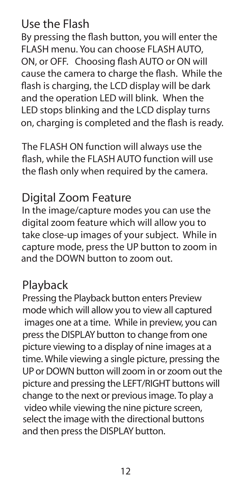 Use the flash, Digital zoom feature, Playback | Argus Camera DC-3190 User Manual | Page 12 / 21