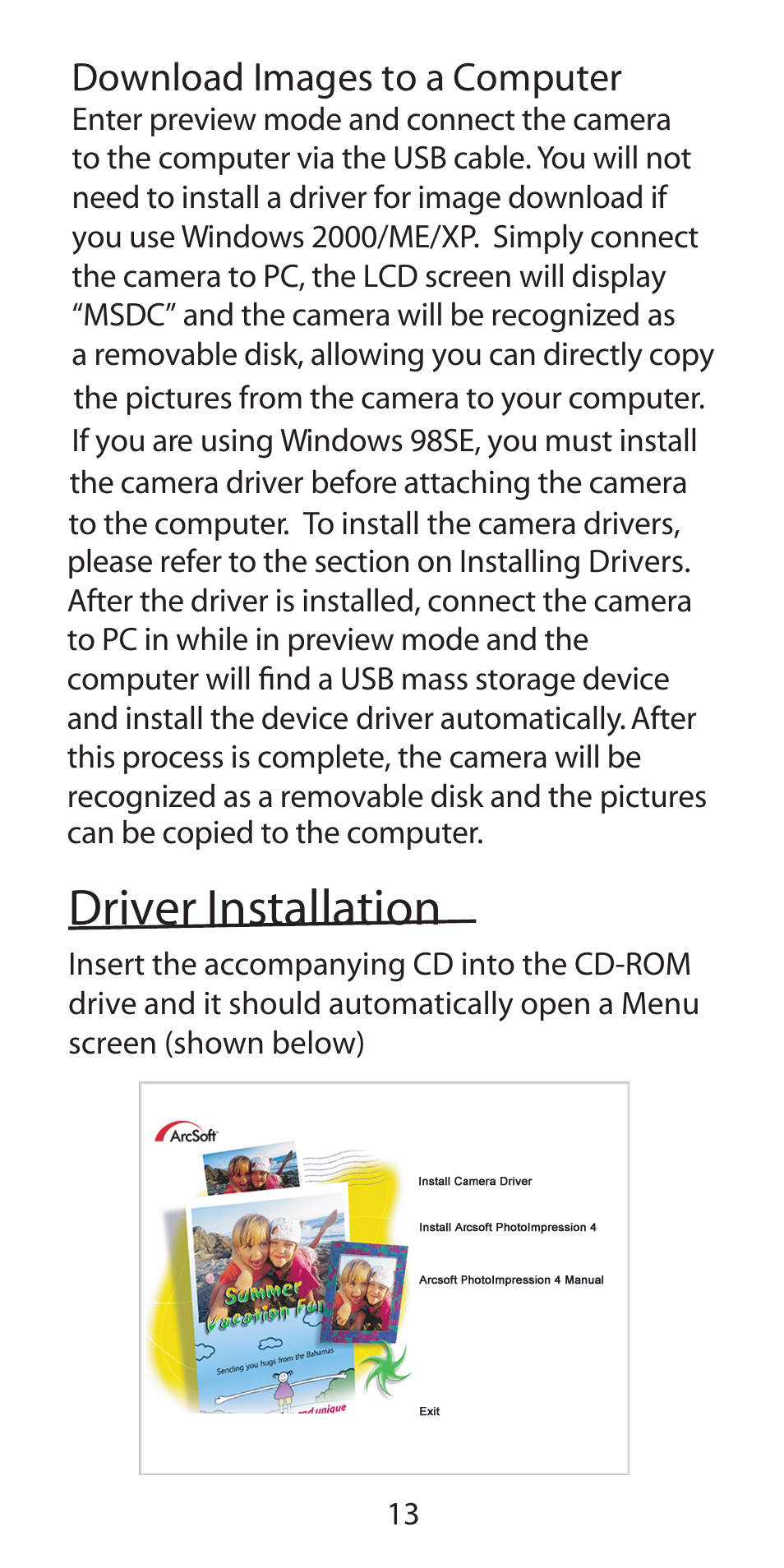 Driver installation, Download images to a computer | Argus Camera DC-3190 User Manual | Page 13 / 21