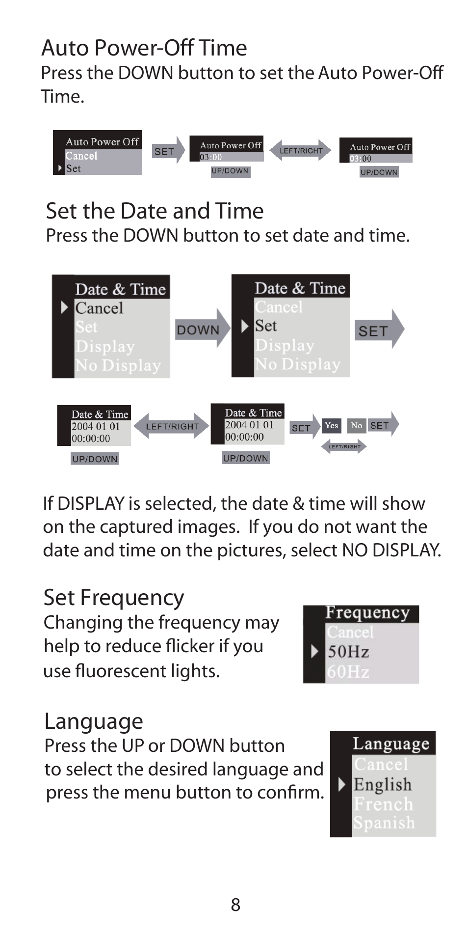 Auto power-off time, Set the date and time, Set frequency | Language | Argus Camera DC-3190 User Manual | Page 8 / 21