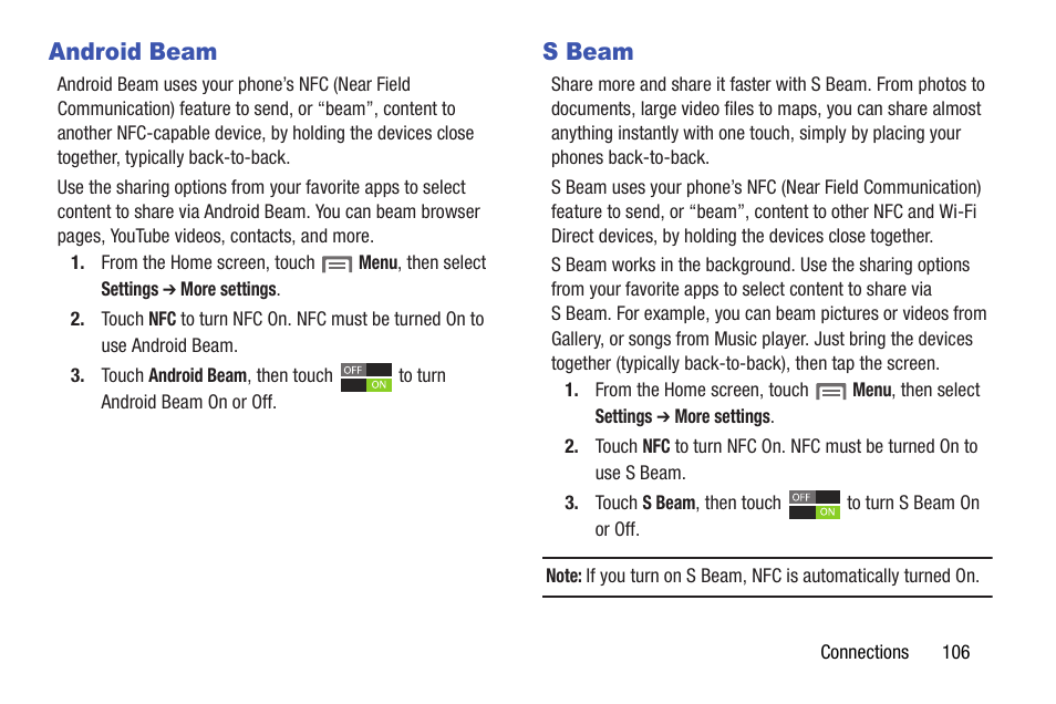 Android beam, S beam, Android beam s beam | Samsung SCH-I535RWBVZW User Manual | Page 112 / 204