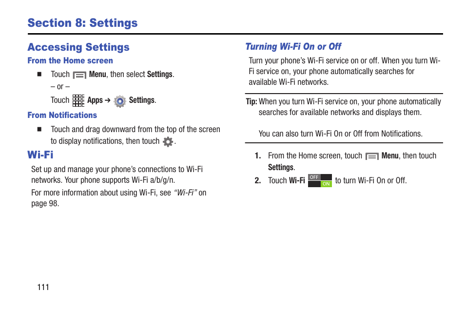 Section 8: settings, Accessing settings, Wi-fi | Accessing settings wi-fi | Samsung SCH-I535RWBVZW User Manual | Page 117 / 204