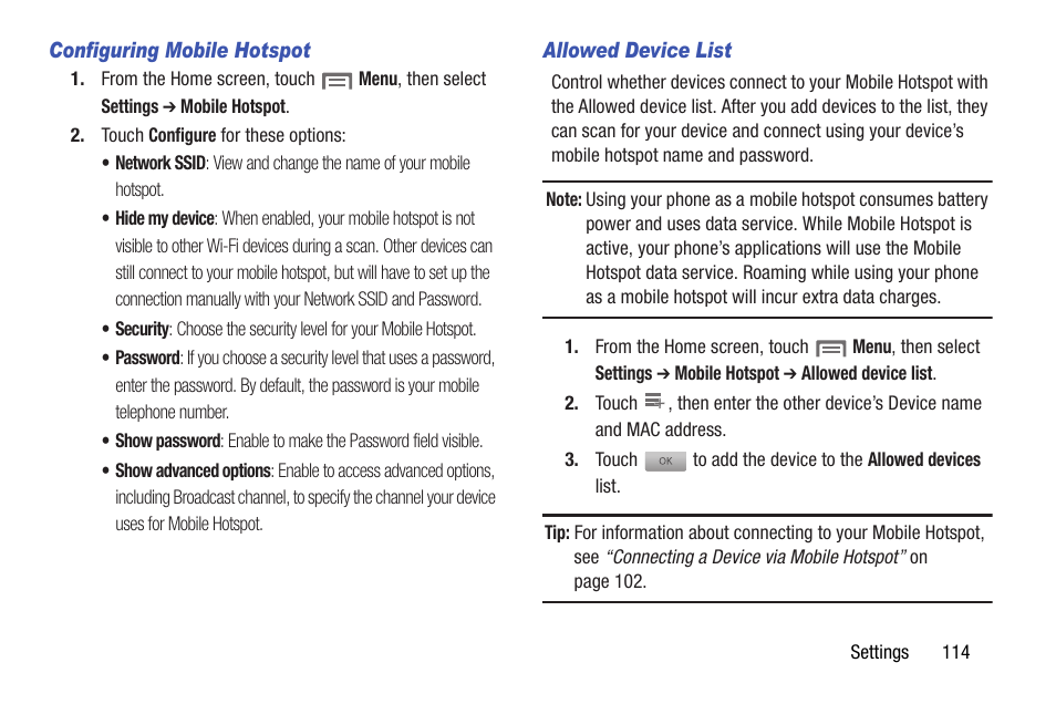 E, see “configuring mobile hotspot, On, see “configuring mobile hotspot | Samsung SCH-I535RWBVZW User Manual | Page 120 / 204