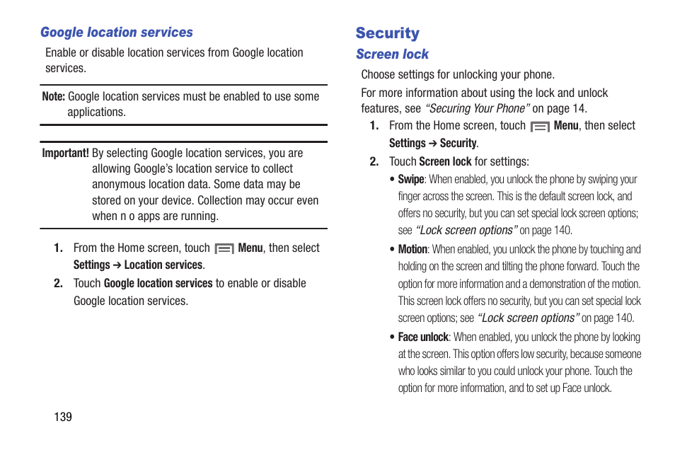 Security, See “screen lock, E, see “security | Samsung SCH-I535RWBVZW User Manual | Page 145 / 204