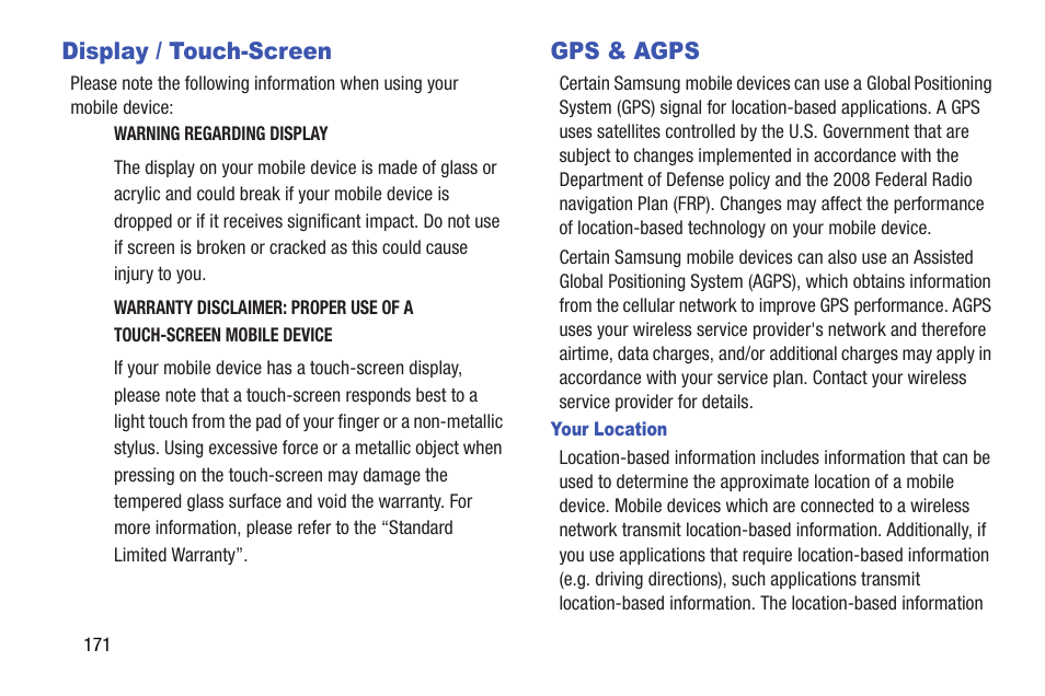 Display / touch-screen, Gps & agps, Display / touch-screen gps & agps | Samsung SCH-I535RWBVZW User Manual | Page 177 / 204