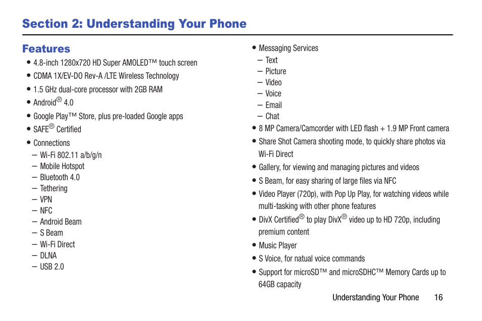 Section 2: understanding your phone, Features | Samsung SCH-I535RWBVZW User Manual | Page 22 / 204