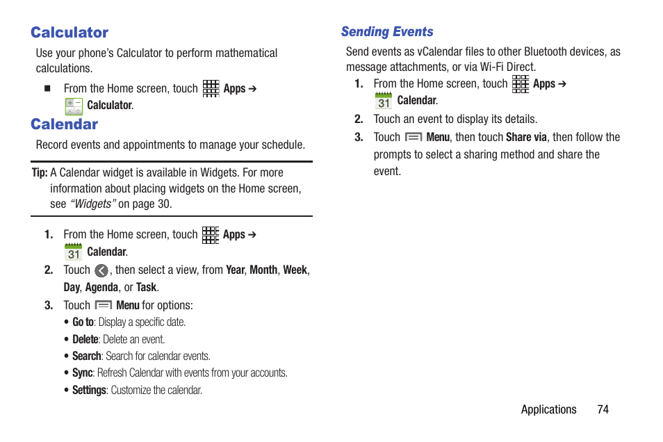 Calculator, Calendar, Calculator calendar | Samsung SCH-I535RWBVZW User Manual | Page 80 / 204