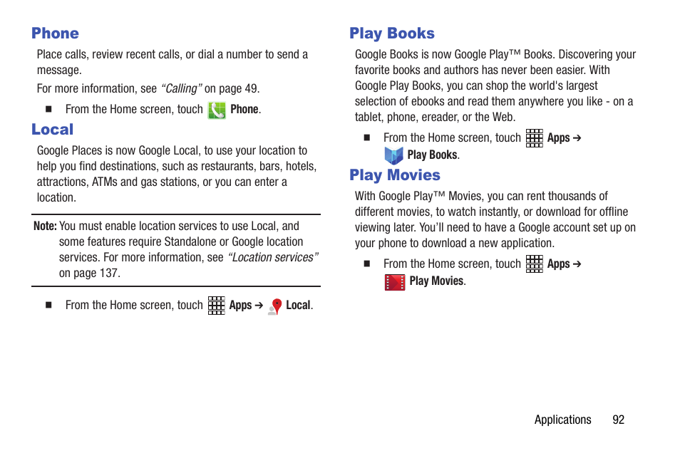 Phone, Local, Play books | Play movies, Phone local play books play movies | Samsung SCH-I535RWBVZW User Manual | Page 98 / 204