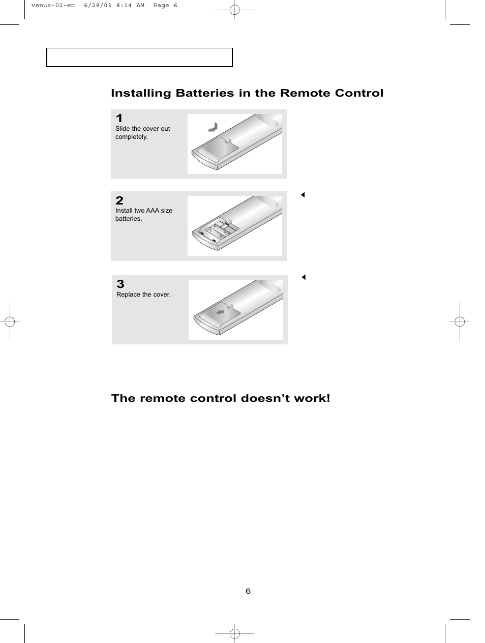 Installing batteries in the remote control, The remote control doesn’t work | Samsung LTN325WX-XAA User Manual | Page 14 / 82