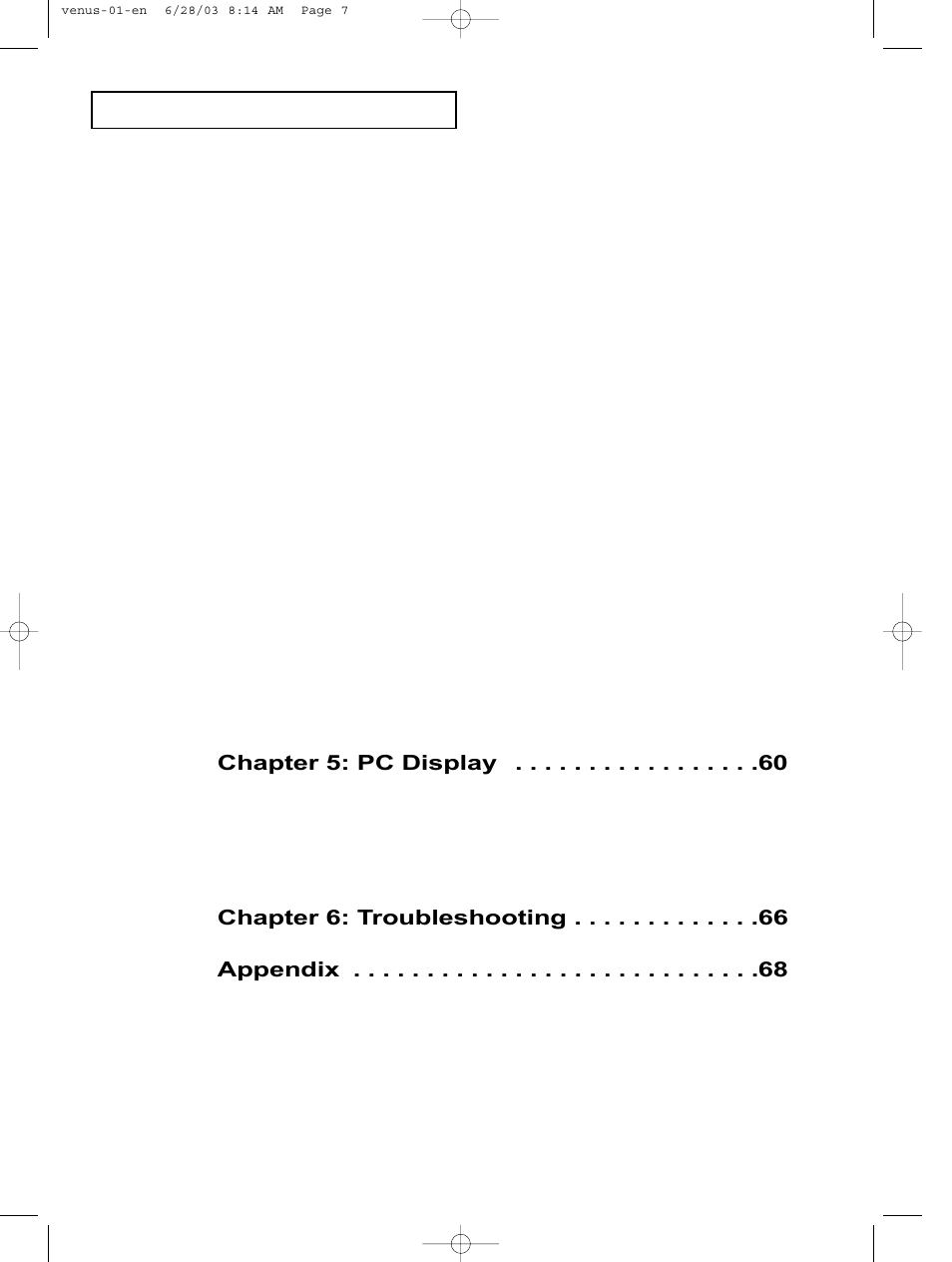 Chapter 5: pc display, Chapter 6: troubleshooting, Appendix | Samsung LTN325WX-XAA User Manual | Page 8 / 82