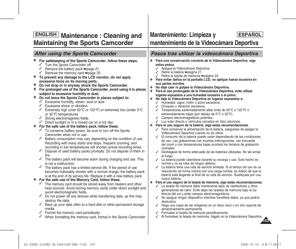 After using the sports camcorder, Pasos tras utilizar la videocámara deportiva | Samsung SC-X300L-XAA User Manual | Page 103 / 116